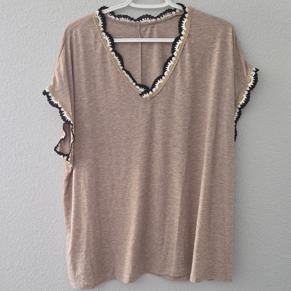 Women's Tan Top with Black and White Trim